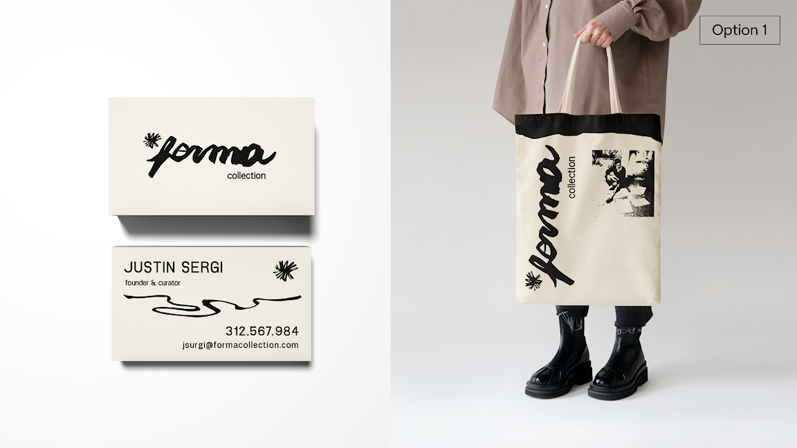 A designed business card and tote bag with a handwritten cursive logo.